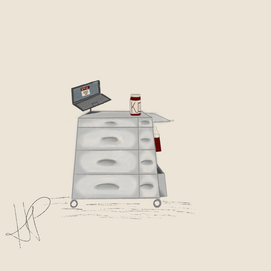 Ketchup bottle sitting on med cart sticker